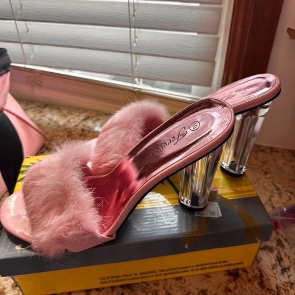 Forever Pink Rabbit Fur and Lucite Heeled "Boudoir" Slides - Picture 5 of 8